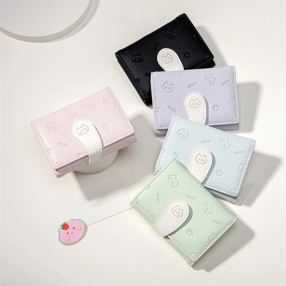 

Cute Cat Short Wallet Classic Tri-fold Purse For Women Leather Buckle Card Holder Coin Purse Girls Fashion Money Pouch Clutch