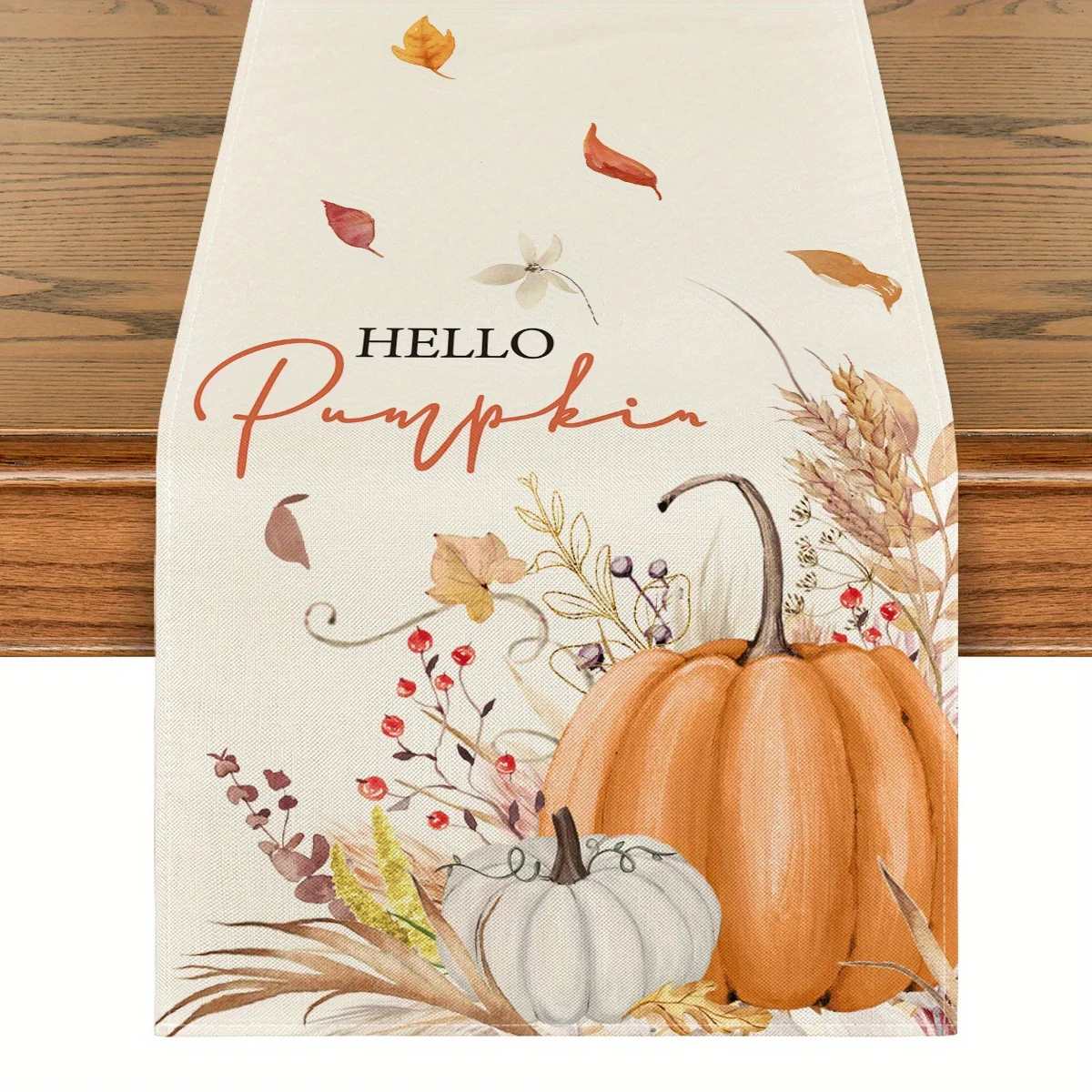 Autumn Harvest Table Runner Hello Pumpkin Flowers Leaves Thanksgiving Table Runner & Place Mats Set, Vintage Fall Harvest