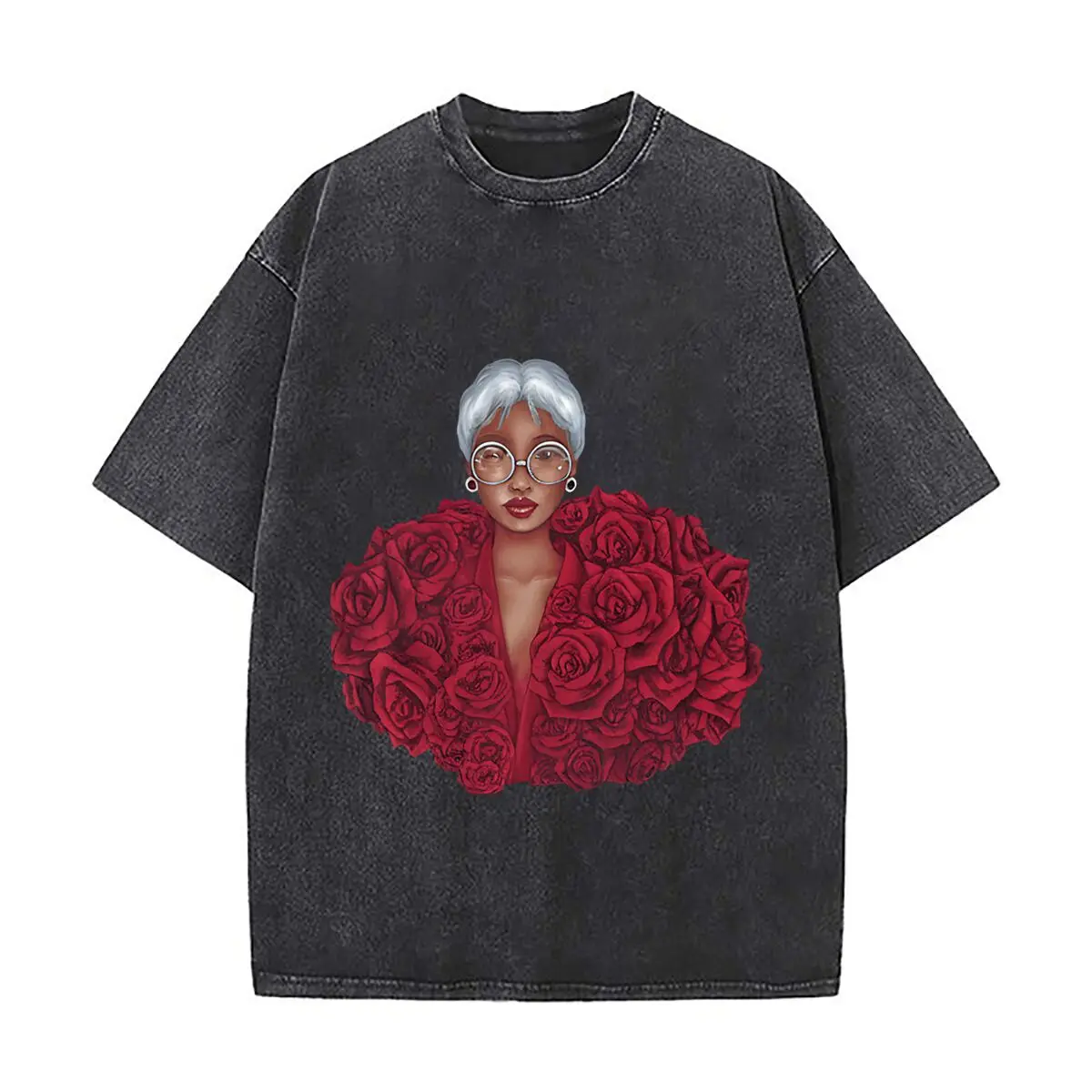 Black Vintage Woman Red Roses Graphic Casual Wear Distressed Faded Baggy Streetwear Tops for Park Hangouts
