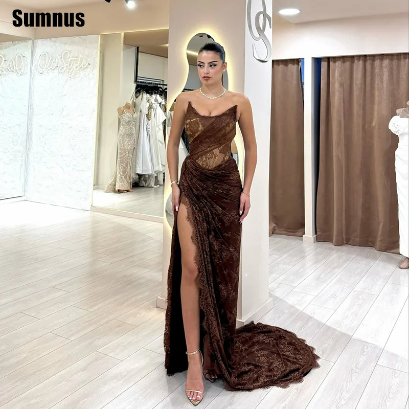 

Sumnus Elegant Mermaid Prom Dress Brown Lace Boat Neck Floor Length Sleeveless Formal Dresses Side Slit Evening Dress Customized