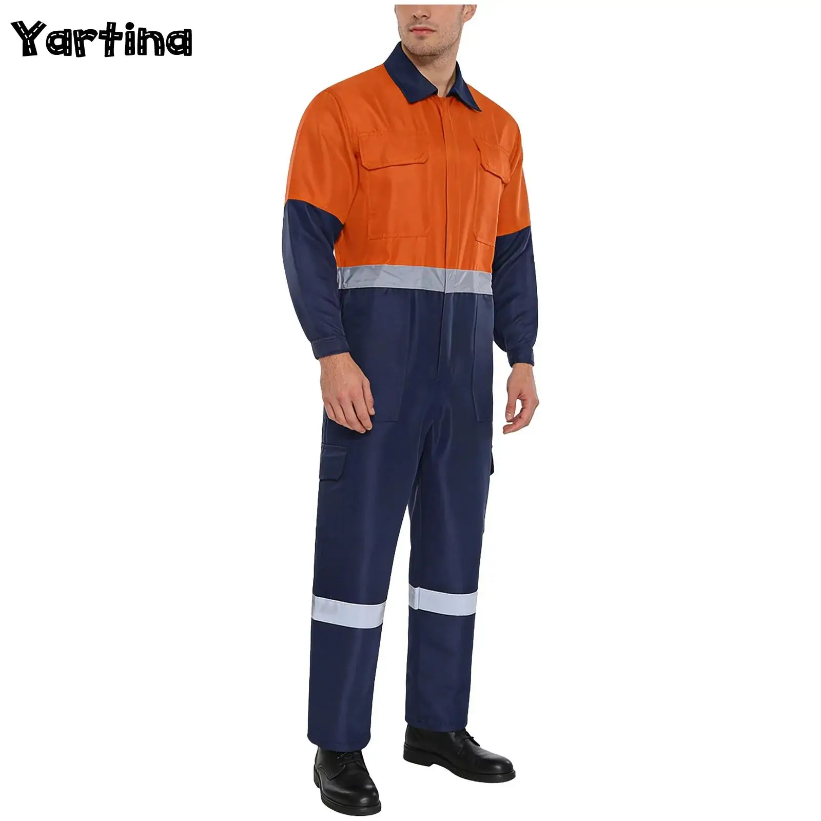 

Mens Working Coverall Workwear Work Jumpsuit Long Sleeve Front Zipper Multi-pocket Reflective Full-body Bodysuit Jumpsuit