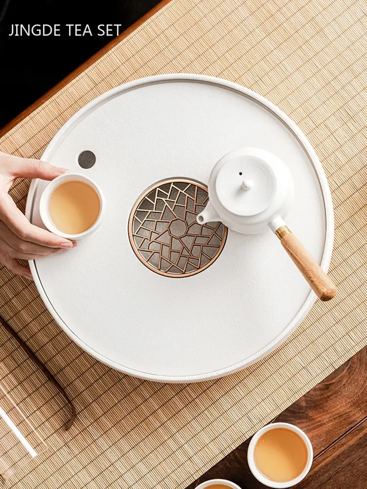 Chinese Ceramic Tea Tray Household Round Water Storage Type Tray High-grade Tea Set Storage Living Room Trays Decorative