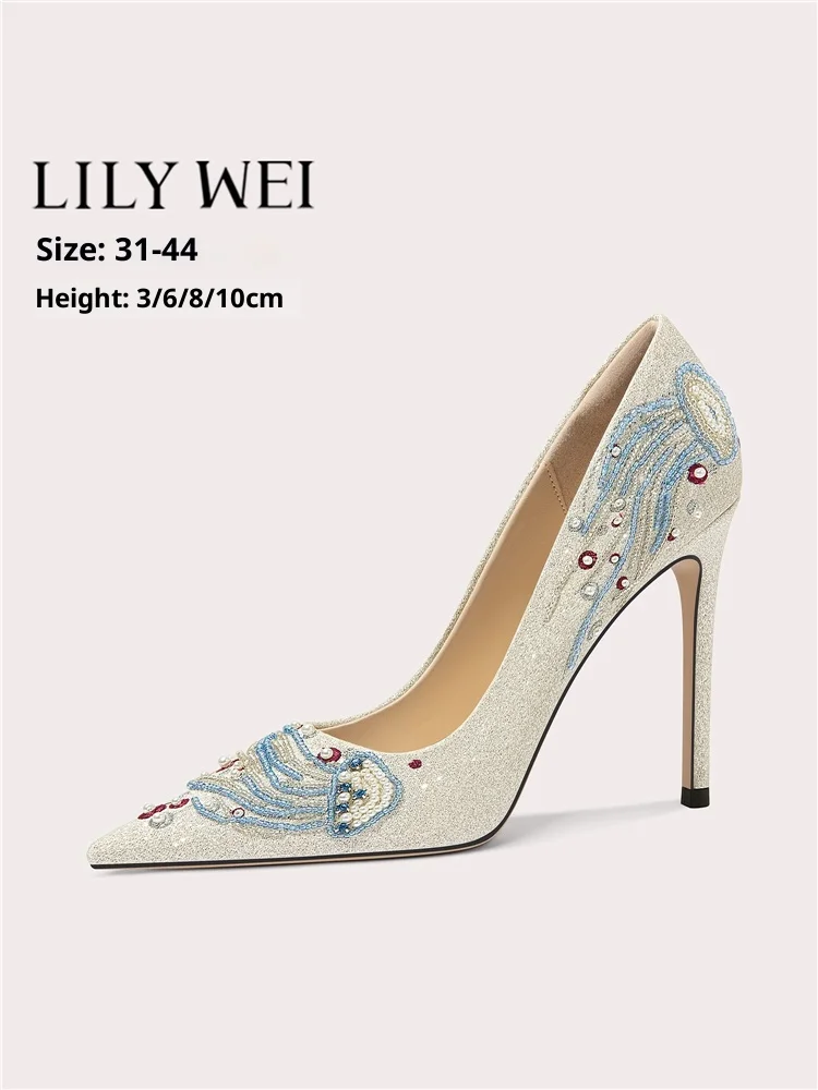 

Spring pointed toe shallow mouth color embroidery beaded sequin single shoes banquet large size small size low-heeled women shoe