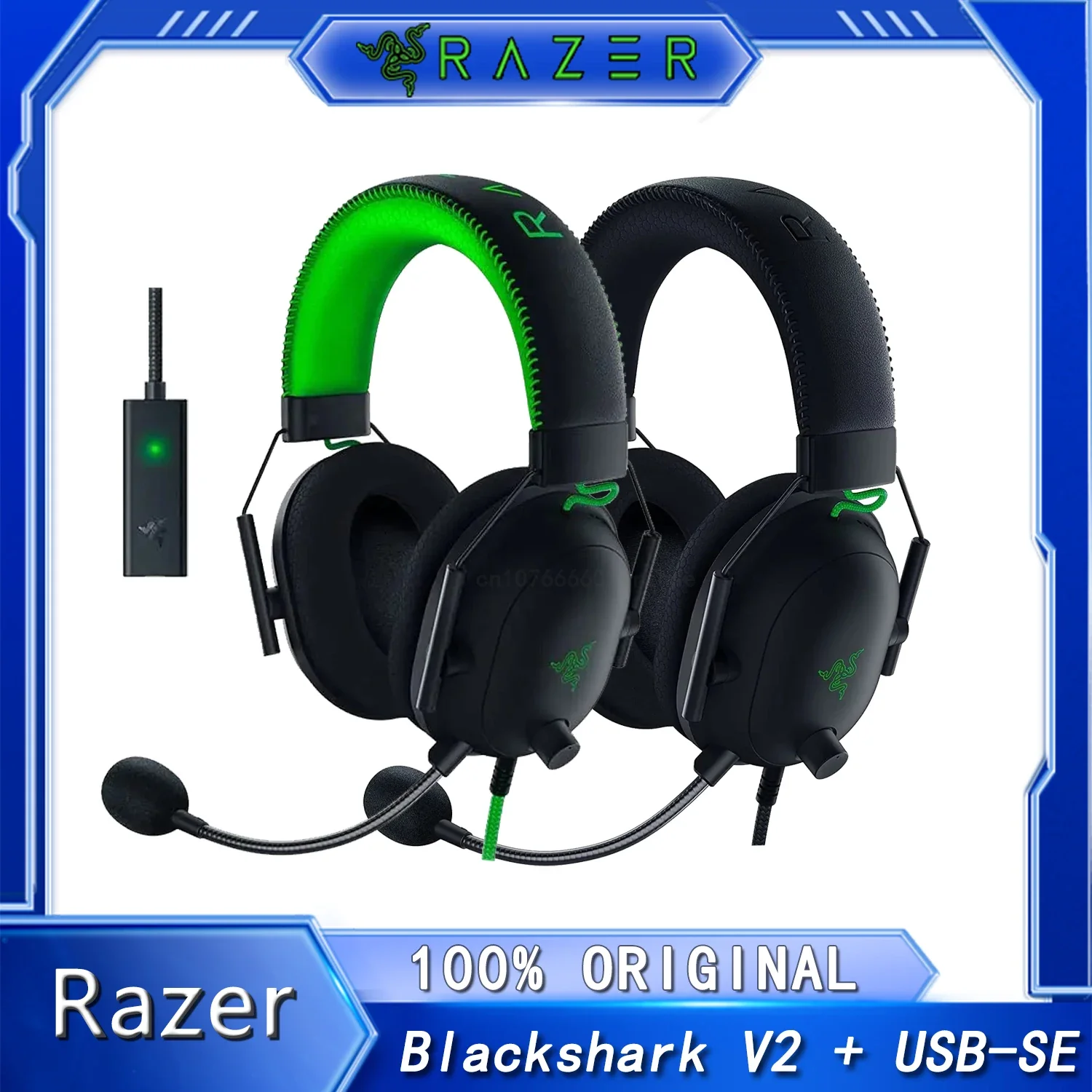 Razer BlackShark V2 with USB Sound Card - Premium Esports Gaming Headset ,Wired Headphones with 50 mm Driver, Noise Cancelling