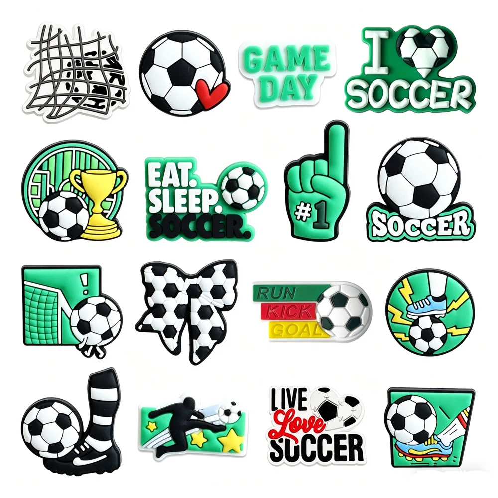 Football Green Black and White Shoe Charms | DIY PVC Buckles for Shoes, Bags & Wristbands | Kids Party Favors & Decorative Gifts