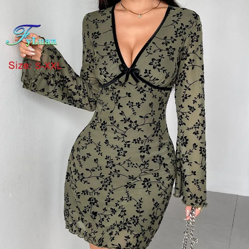 Europa e américa roupas femininas moda nova manga alargamento vestido de malha dupla camada decote em v profundo mini vestido emagrecimento vestido curto