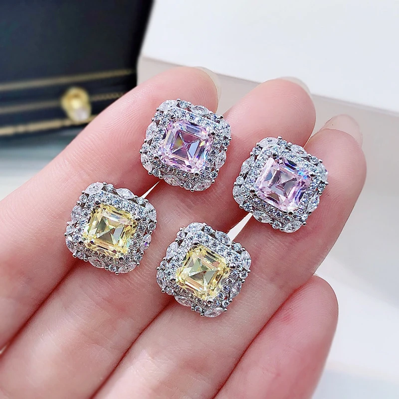 Sterling Sparkling 100% 925 Silver 7*7mm High Carbon Diamond Earring For Women Party Birthday Stone Jewelry Dropship