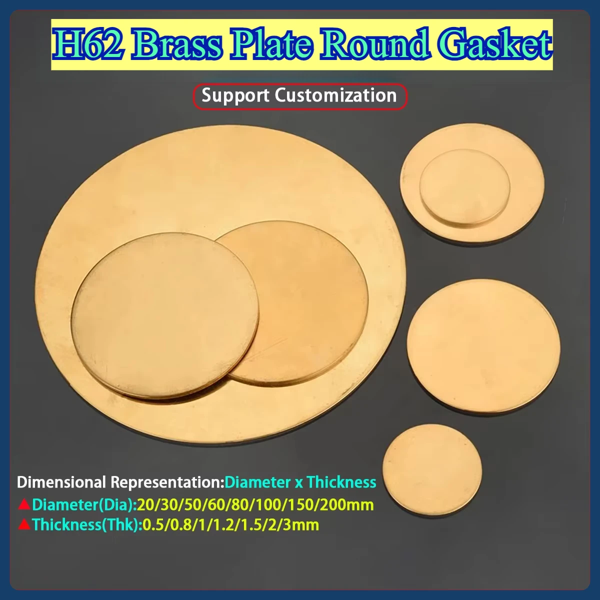 

H62 Brass Plate Round Gasket Thin Plate Round Sheet Thk0.5/0.8/1/1.2/1.5/2/3mm Dia20-200mm Customizable