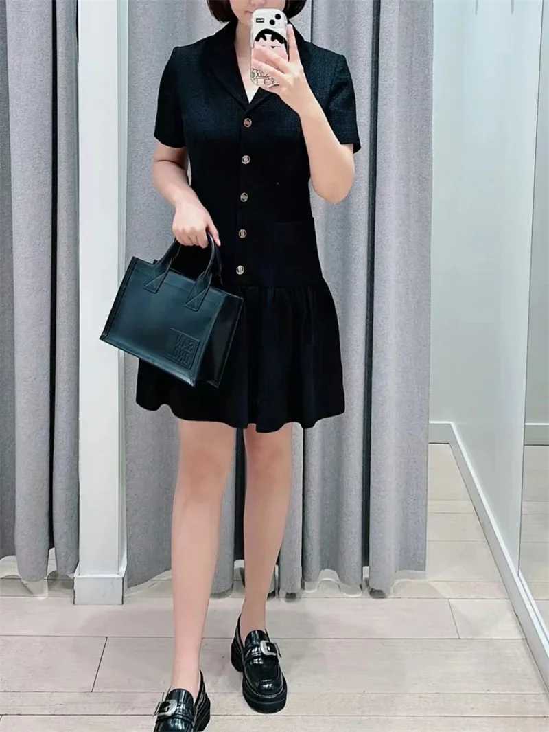 

Women Black Tweed Dress Ruffle Stitching Single Breasted Notched Collar Short Sleeve Sweet Autumn 2024 Mini Robe