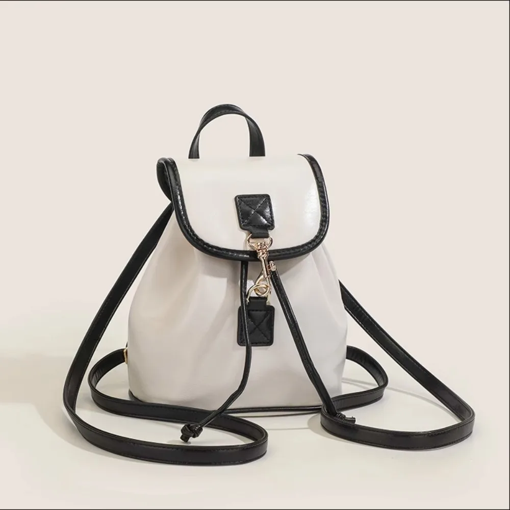 

Casual Leisure Drawstring Backpack Simple Large Capacity School Bag Color Contrast PU Leather Shoulder Bag Girls