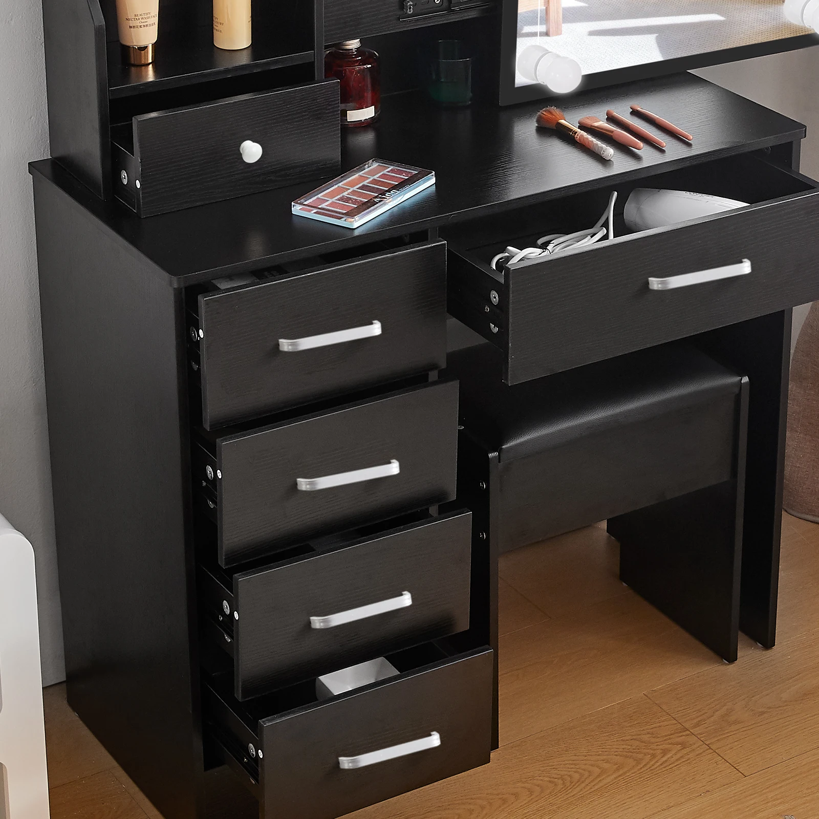 Black Makeup Vanity Table Set with LED Bulb Mirror, Multiple Drawers Open Storage Shelves & Cushioned Stool, Modern Dressing Table Makeup Desk for Bedroom Home Furniture