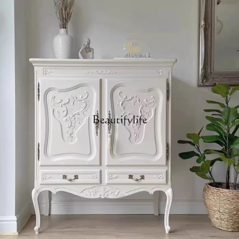 

French solid wood carving flower display cabinet retro light luxury white wine cabinet locker wardrobe