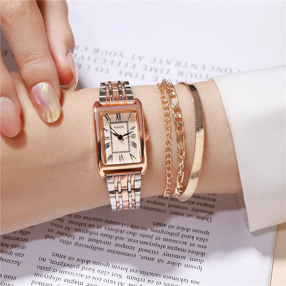 2pcs/set fashion elegant rectangle dial steel women quartz watch