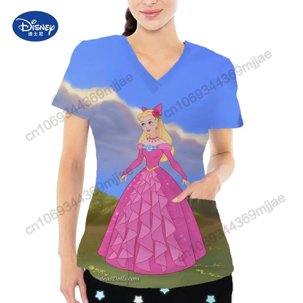 

Fashionable V-neck Women's Clothes Cartoon Pocket Female T-shirts Short Sleeves Tops