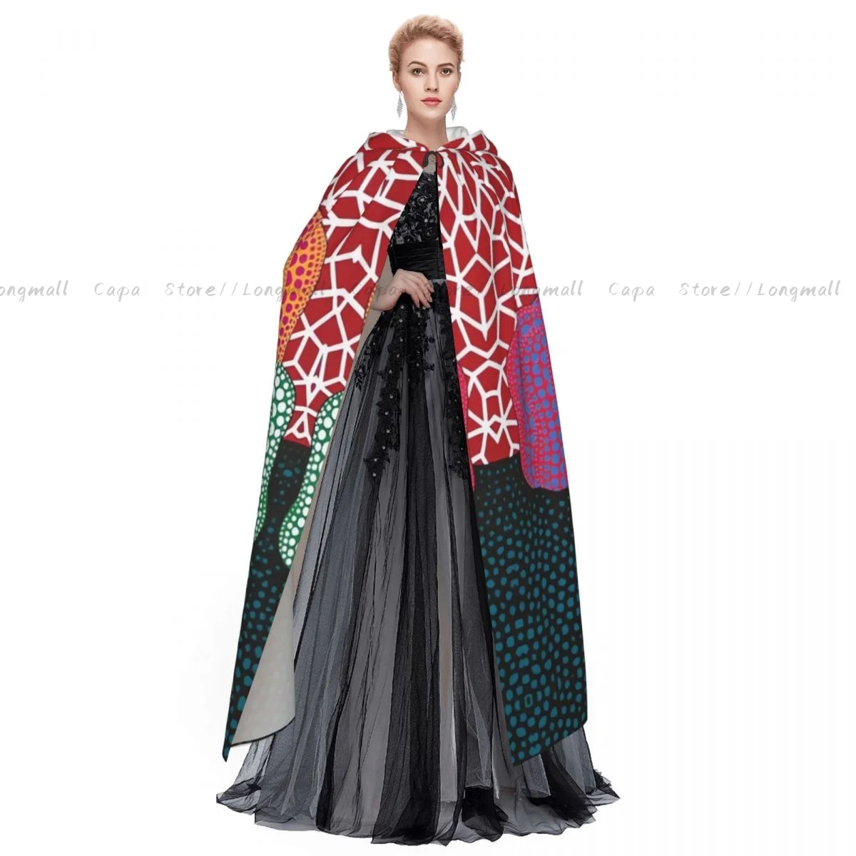 Yayoi Kusama Abstract Painting Cloak Hooded Cosplay Costume Halloween Adult Long Party Cape