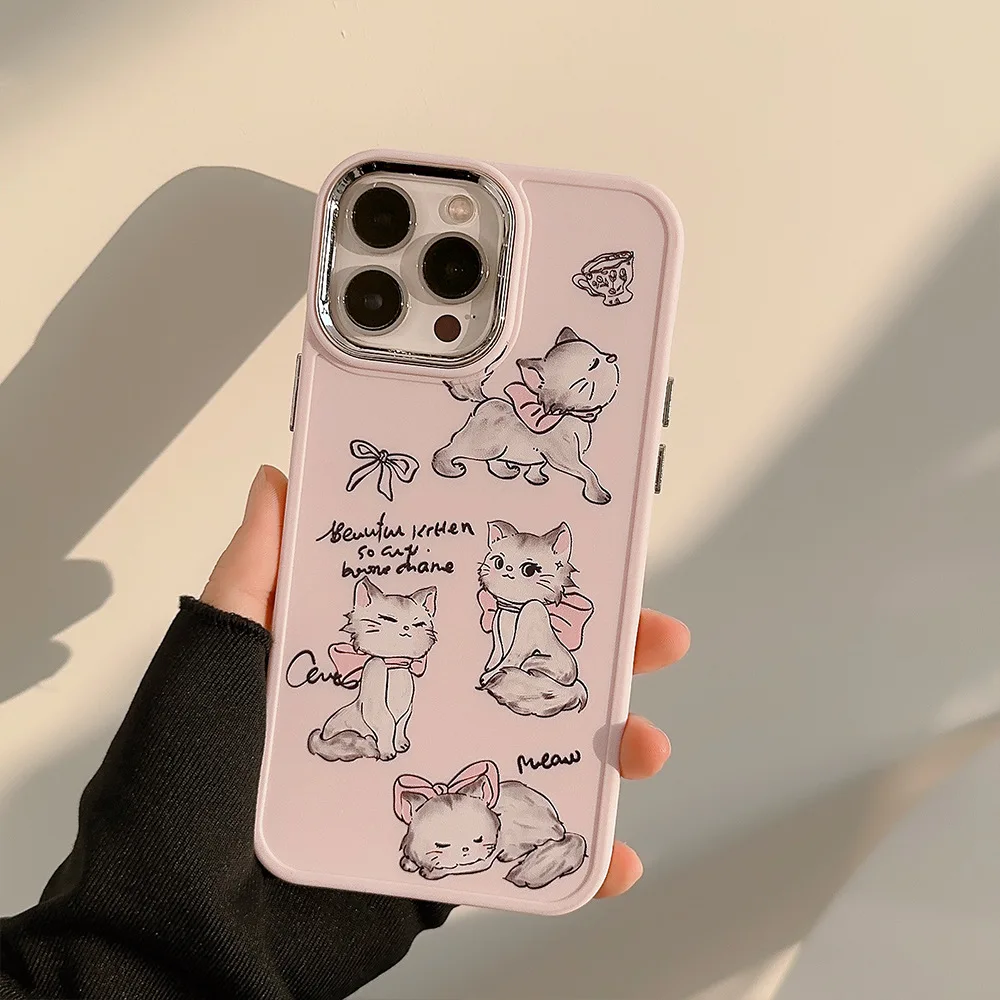 Koreanische Cartoon-Bowknot-Katze-Telefonhülle für iPhone 17 Air 16 15 14 13 12 11 Pro Max XS XR X 7 8 Plus, plattierte Linse, stoßfeste Abdeckung