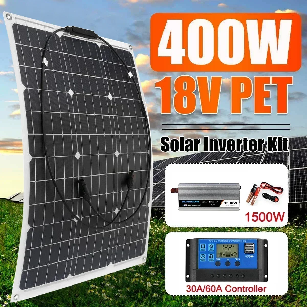 220V System zasilania solarny 400W ładowarka do baterii słonecznej 220V/1500W zestaw falownika kompletny kontroler Home Grid Camp podkładka pod