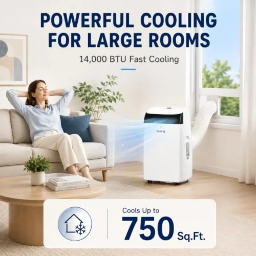 Portable air conditioner for home office and garage use, white ABS plastic, 14000 BTU cooling capacity, quiet sleep mode and en