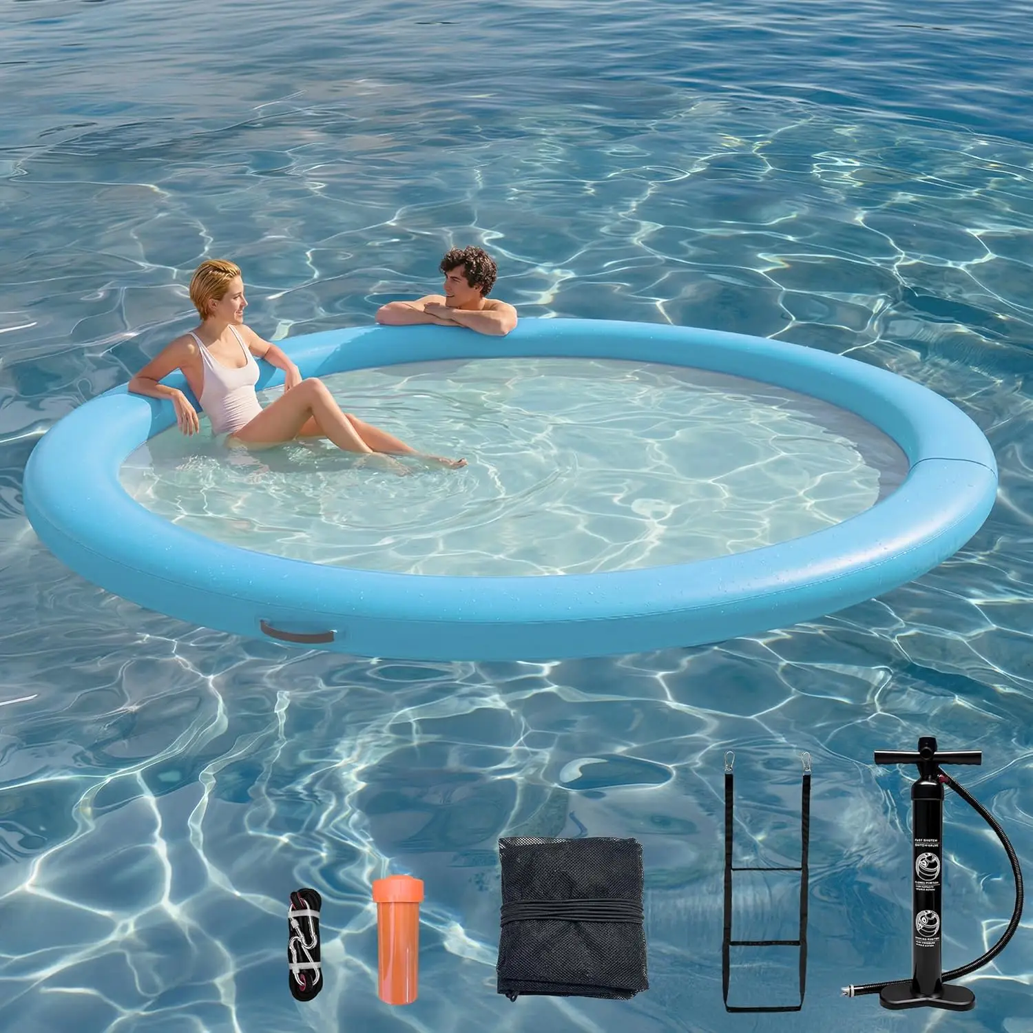 Heavy Duty Inflatable Water Hammock & Sunchill Float Ring with Mesh Design, Raft Platform for Ocean, Lake, Swimming Pool, 8/10/12FT