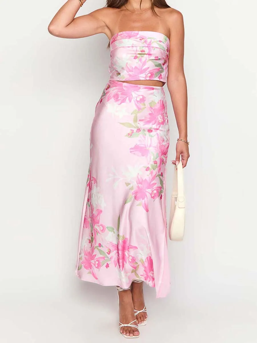 Camicia da donna con stampa floreale con spalle scoperte e volant, top corto senza maniche a fascia, camicetta senza spalline