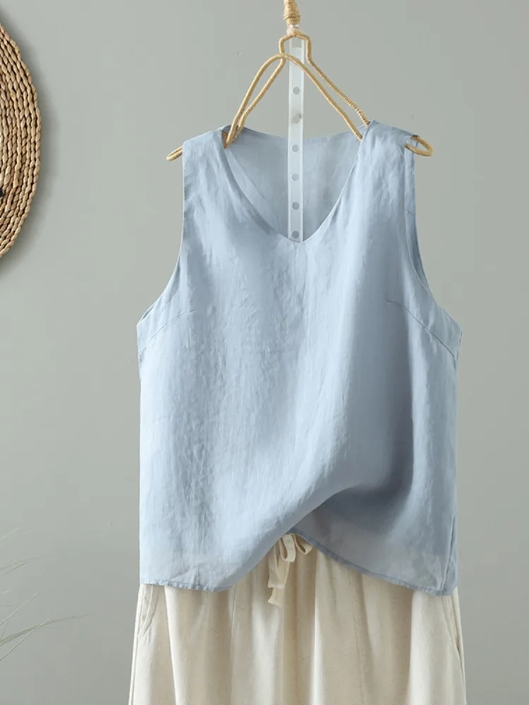 Gilet casual in cotone e lino da donna, base estiva sottile, materiale in lino irt, top in testa, colore artistico, semplice De...