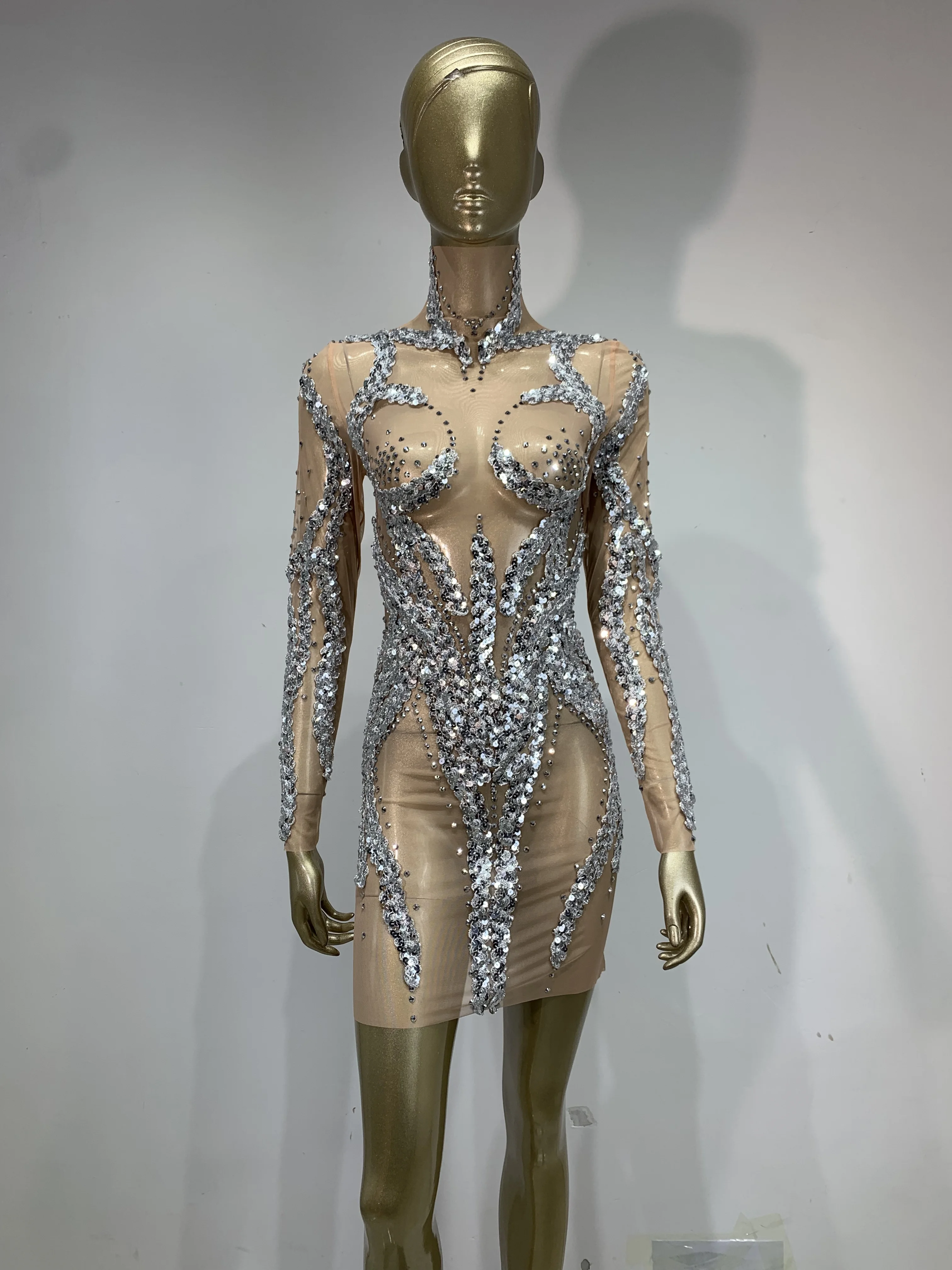 

Newest Luxury Sparkly Sequin Mesh Mini Dress Women Celebrate Birthday Evening Party Fancy Club Nightclub Sexy Stage Outfit