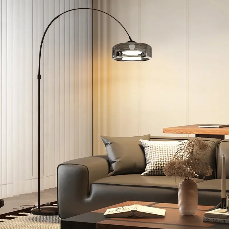 Modern Arc Fishing Floor Lamp Smoked Glass Shade Black Metal Curved Arm LED Standing Lamp Living Room
