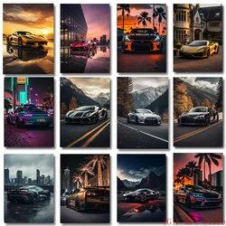 Golden Black Luxury Sport Car Nissan GTR Mountain View Night City Poster Prints Canvas Painting Wall Art for Home Decor Cuadros