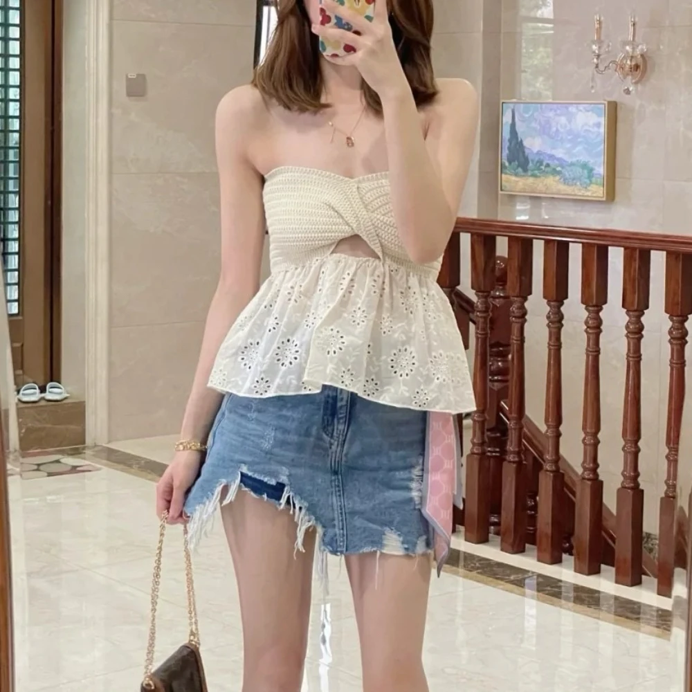 2024 Summer New High Waist Embroidered Stitching One-Line Neck Tank Top Ladies Knotted Hollow Knit Tube Top