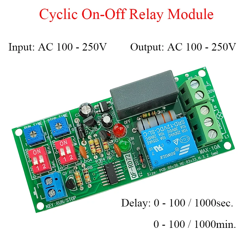 

AC 110V 220V 230V 10A Cyclic On-Off Time Delay Relay Module, Dual Time Adjustatle 100s 1000s 100min Relay Switch Module