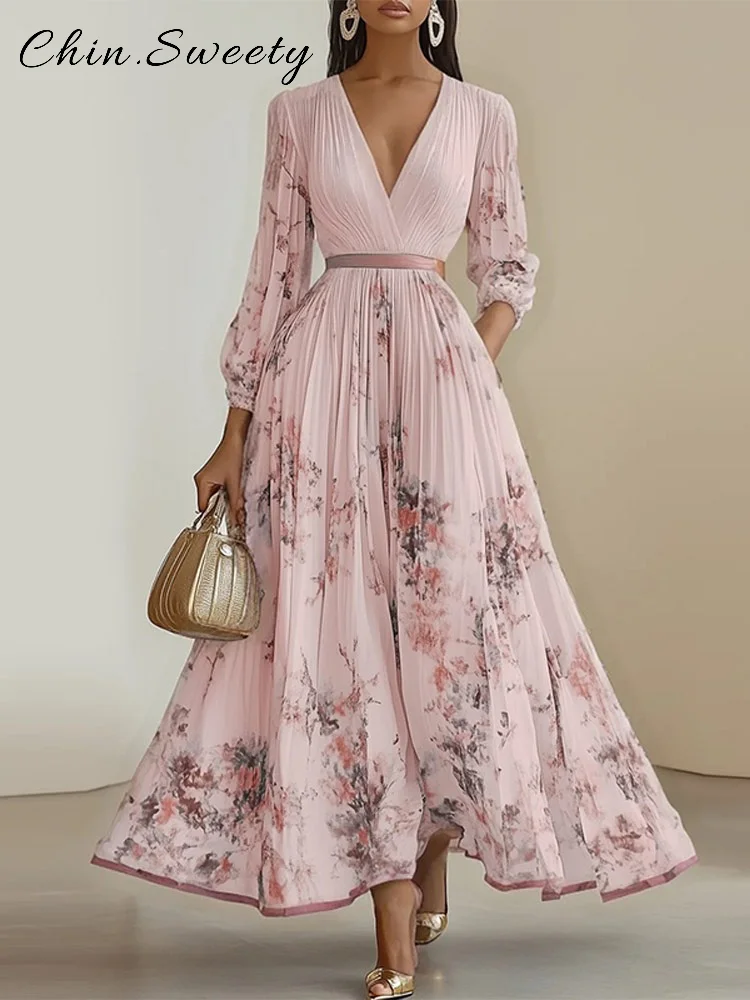 Elegant Printed Long Pleated Dress Women Deep V-neck Full Sleeve Ruched Dresses Female 2025 Summer Lady Vacation Holiday Robes