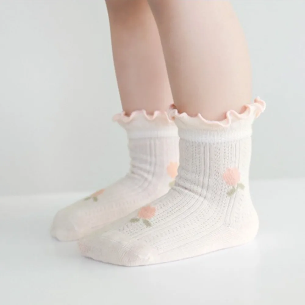 Newborn Baby Cotton Ankle Socks Thin Mesh Floral Ruffle Anti Slip Soft Summer Indoor Daily Walking Toddler Girls Foot Hosiery