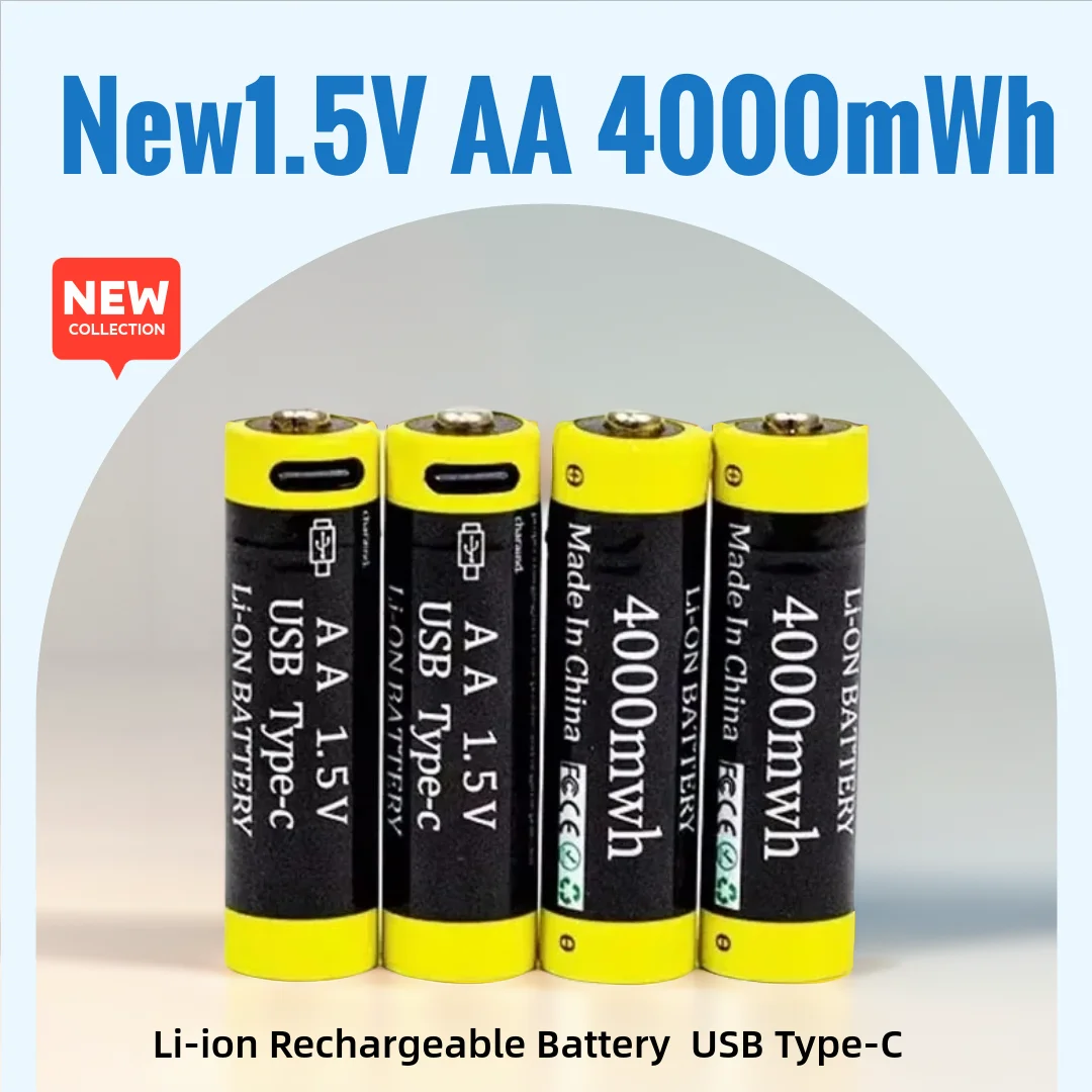 New 1.5V Li-ion AA Rechargeable Battery 4000mWh USB Type-C Charging AA Lithium Battery 2A Cell for MP3 Player Thermometer RC Toy