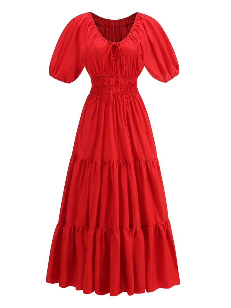 Robes longues Sexy à lacets, col en V, manches bouffantes, Patchwork, rouge, manches courtes, ligne a, robes de soirée, de Cocktail