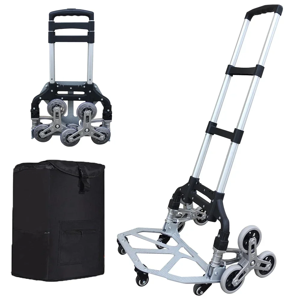 150KG All Terrain Stair Climbing Cart Hand Truck with Bungee Cord Folding Trolley for Upstairs Cargo with Bag 6 Crystal Wheels