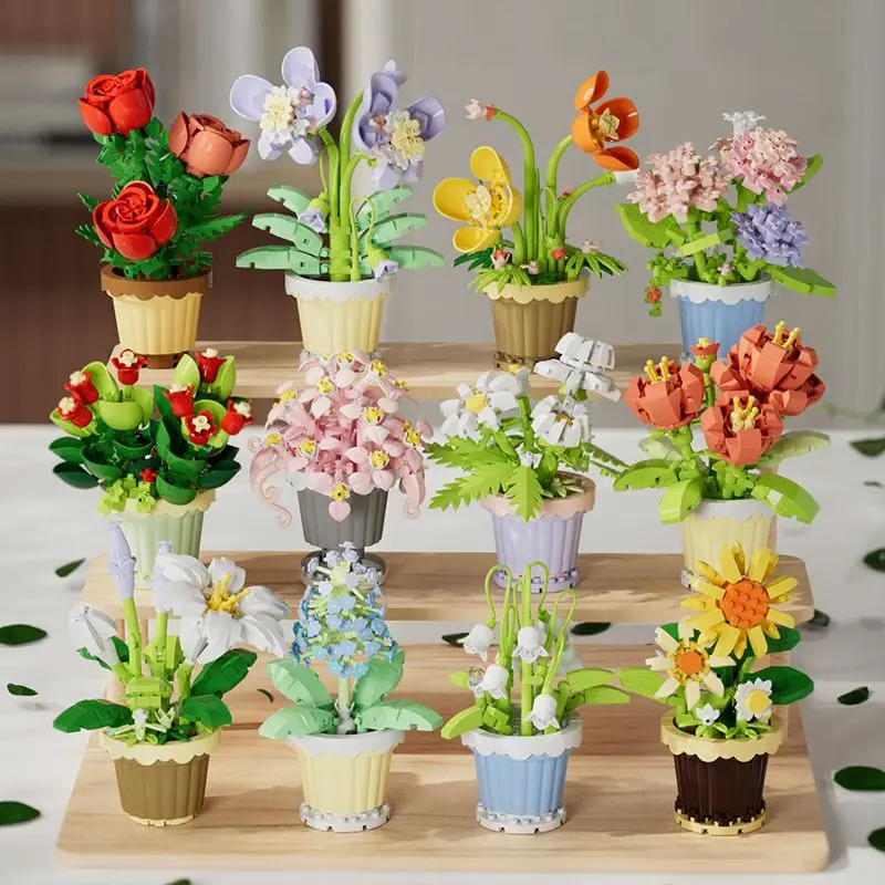 Micro‑particle Building Blocks Simulation Succulent Flower Potted Plant DIY Assembly Bricks Desktop Ornament Holiday Present