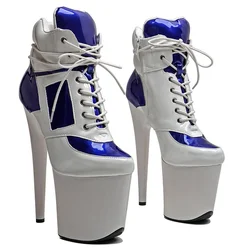 Leecabe  20CM/8inches Patent PU Upper White -blue  Fashion trend  Ankle Boot High Heel  stripper heel platform Pole Dance boot