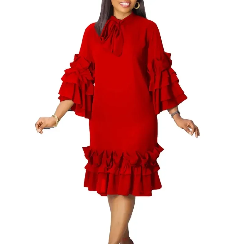 

Elegant African Dresses for Women Summer Fashion 2025 Africa 3/4 Sleeve Polyester Solid Color Midi Dress Dashiki Africa Clothing