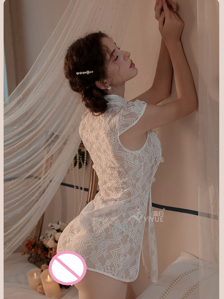 섹시한 클래식 레이스 사이드 분할 Cheongsam 여성 에로틱 중국어 Qipao 속이 빈 브래지어 유니폼 코스프레 꽃 시스루 잠옷