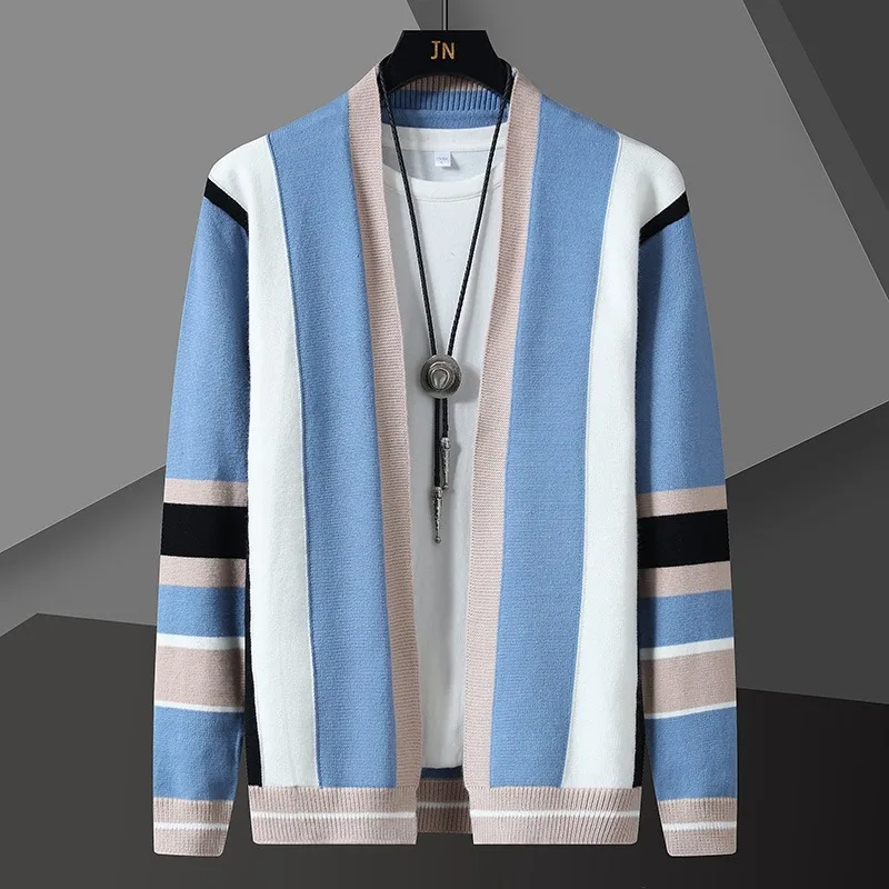 العصرية مخطط الجاكار سترة متماسكة الرجال الخريف الشتاء طويلة الأكمام ياقة سليم عادية محبوك سترة سترة الرجال الملابس #2