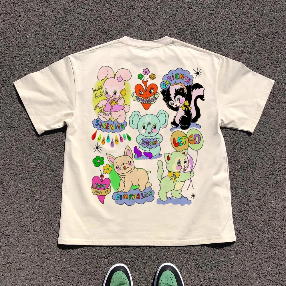 Breathable Shoulder Version Short Sleeve T-Shirt Light Apricot Color Loose Cartoon Style for Students And Youth Summer Wear