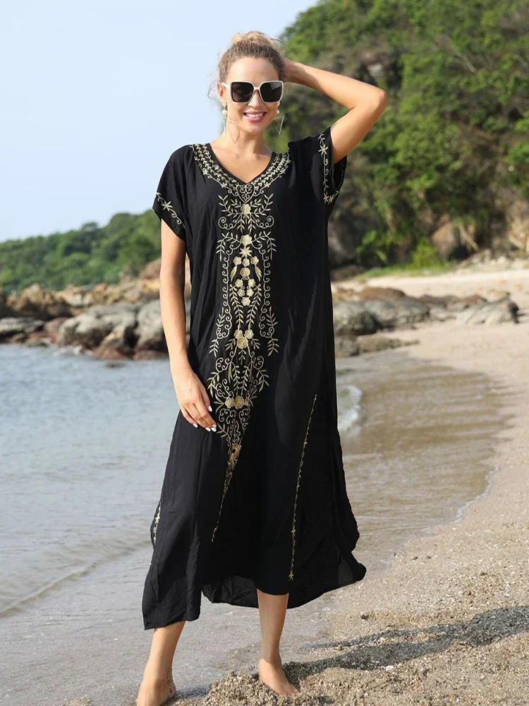 Cover-up Caftan Maxi Dress 2024 Robe De Plage Embroidery Beach Cover Up Women Kaftan Dress For Women Pareo Tunic For Swimwear