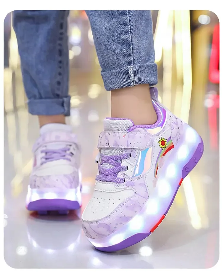 أحذية جري صغيرة مضيئة علوية من الجلد بأربع عجلات، زلاجات دوارة للأطفال في الهواء الطلق، هدايا للأطفال أحذية رياضية للأطفال