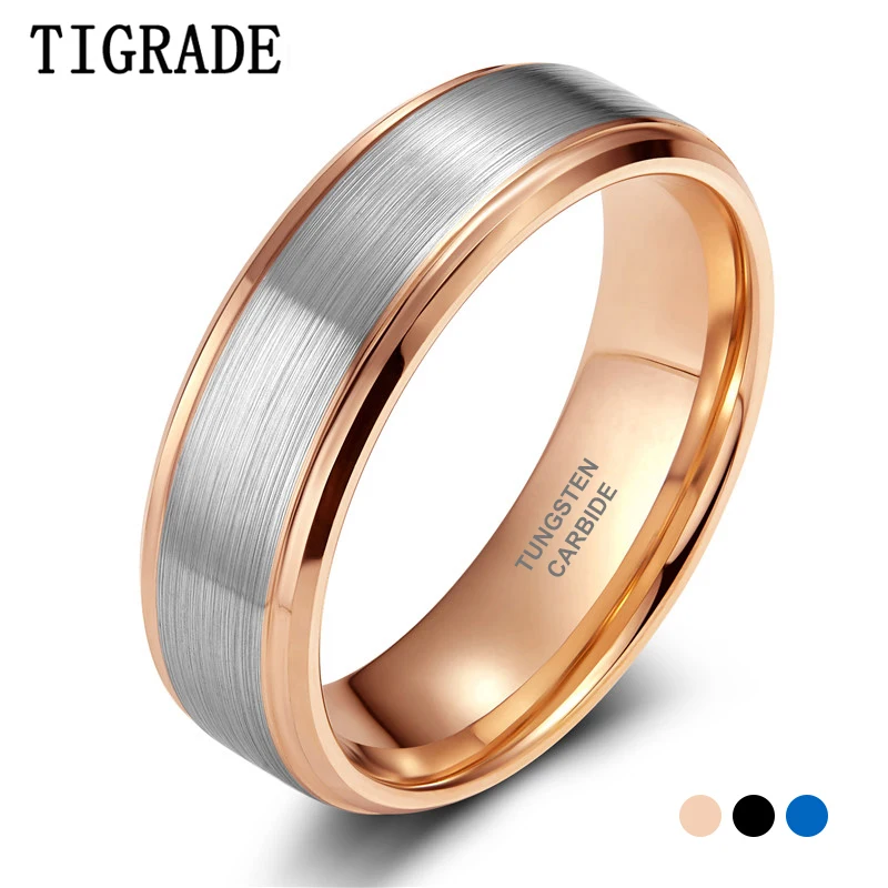 Tigrade Pierścionki zaręczynowe z węglika wolframu dla mężczyzn 8 mm Różowe złoto/niebieski/czarny ze srebrnym szczotkowanym kolorem Joyas Para Hombre Bague Phalange