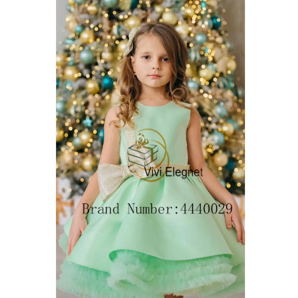 Scoop Sleeveless Flower Girls Dresses with Champagne Bow Tiered Knee Length Christmas Gowns 2024 Summer New فلور فتاة اللباس