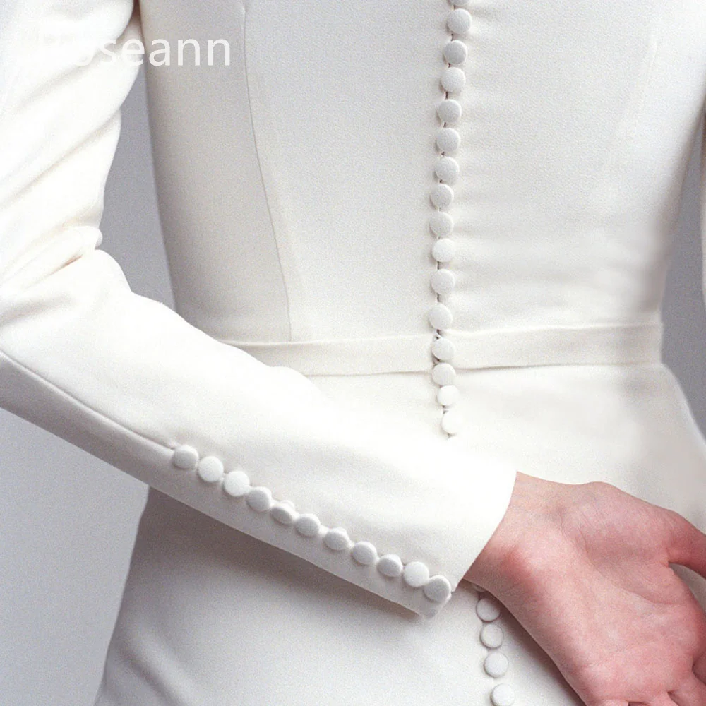 ชุดแต่งงานมุสลิมแบบสั่งตัดคุณภาพสูง ทรงเอไลน์ สีงาช้าง ผ้าซาติน คอทรงโอ ปี 2025 ชายกระโปรงยาวแบบแปรง ชุดเจ้าสาวยาวกรอมพื้น