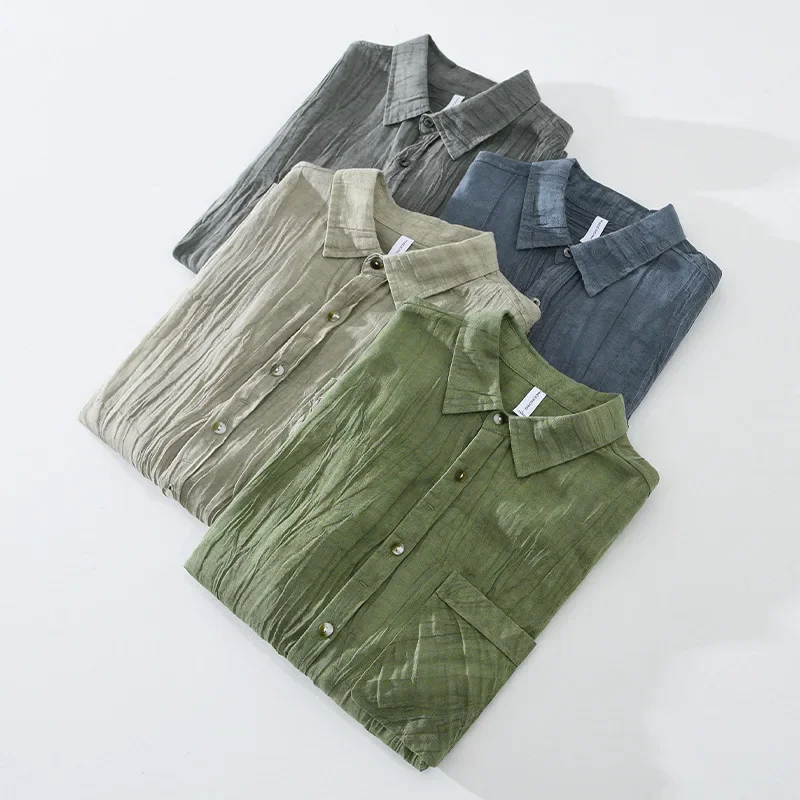 Japanese Vintage Shirt Men Spring Summer 55% Linen Long Sleeve Shirt Man Lapel Lazy Style Pleated Designer Shirts Breathable Top