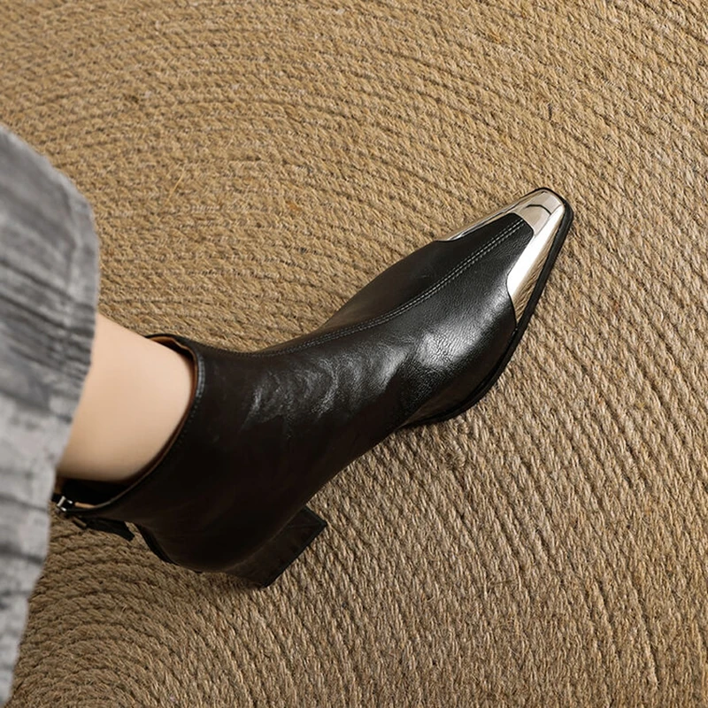 

NEW Autumn/Winter Women Boots Split Leather Shoes for Women Pointed Toe Chunky Heel Shoes Zip Ankle Boots Concise Modern Boots