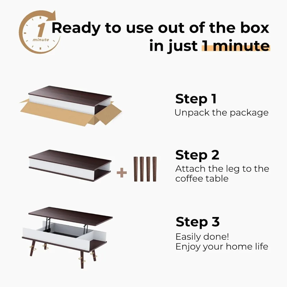 Quick-Rise Lift Top Coffee Table with Ample Hidden Storage and Easy Setup