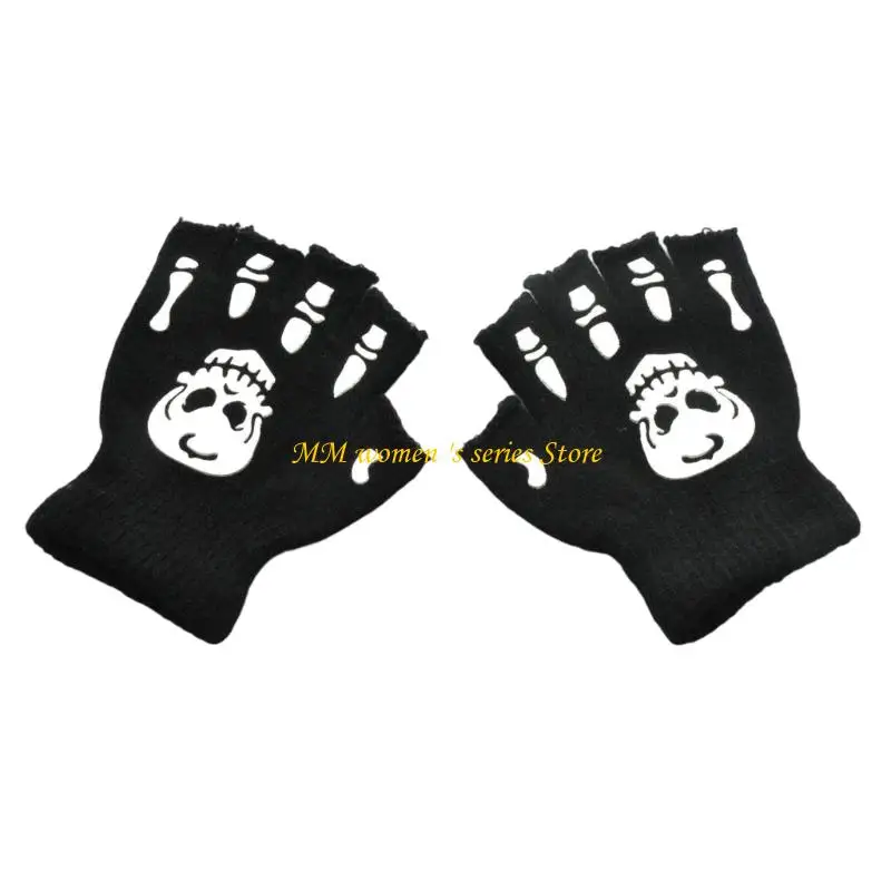 Q39C Spooky Glow Gloves For Kids With Skeleton Hands And Skull Design For Halloween Parties and Theme Event